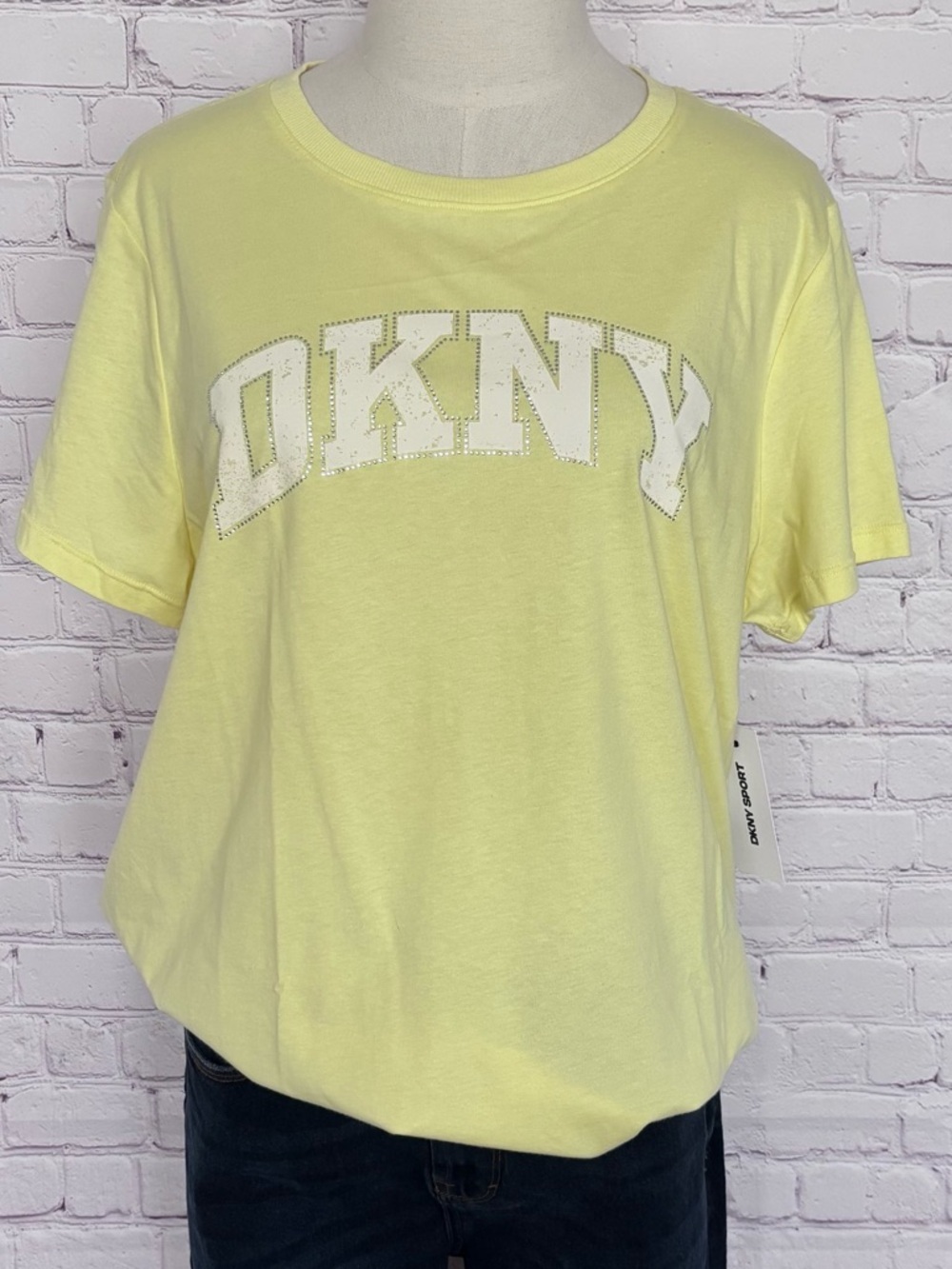 DKNY SPORT Rhinestone-Logo Crew Neck Short Sleeve Yellow Tee--NWT--XL